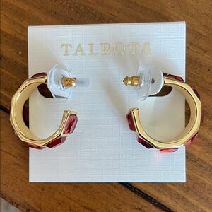 Talbots Gold Hoop Earrings with Ruby-Red Accents
